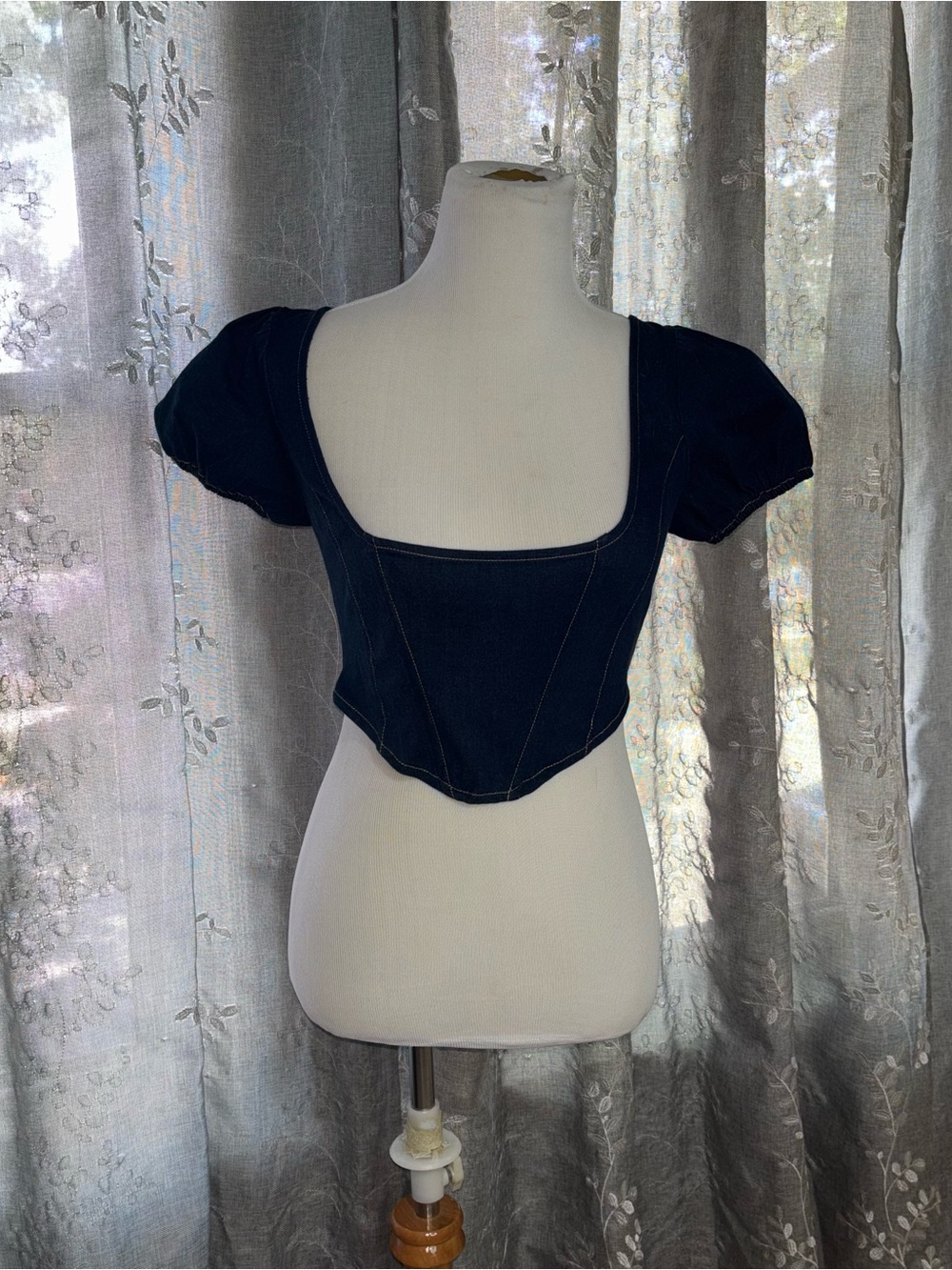 POSTER GIRL Navy Square Neck Puff Sleeve Crop Top